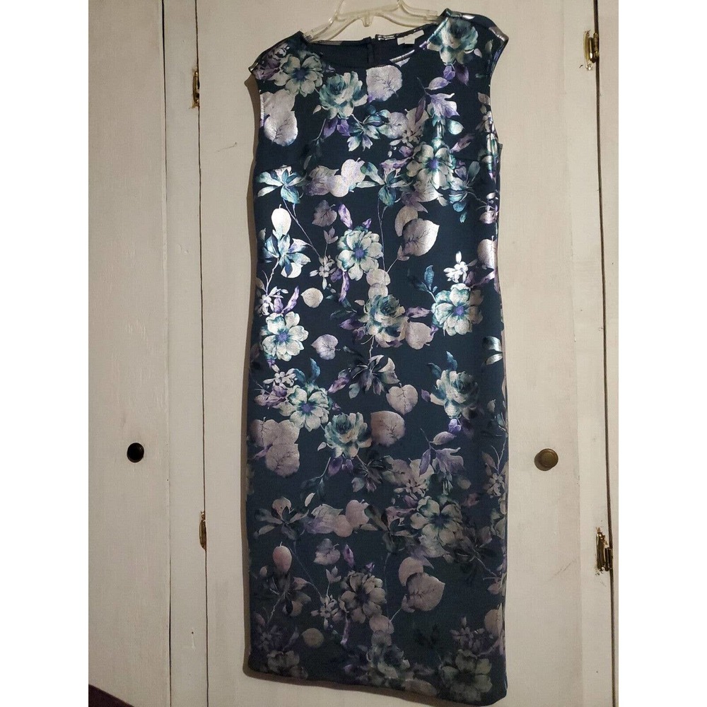 New York & Company Metallic Floral Sheath Sleeveless Knee Length Dress Size L